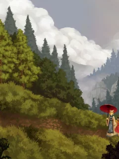 touhou, u-joe, арт, лес, природа, деревья, небо, облака, девушки