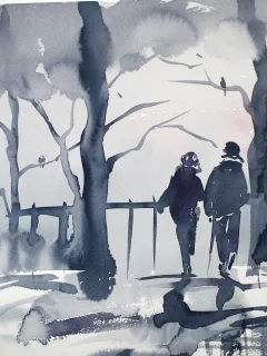 деревья, пара, акварель