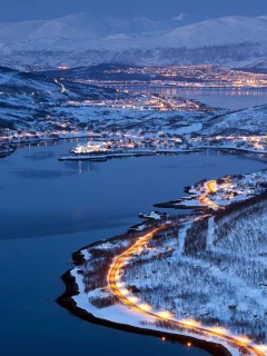 norway, mountains, winter, forest, lights, тромсё, troms__, snow, город, city