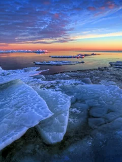 море, рассвет, зима, утро, льдины