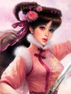 ruoxing zhang, цветы, меч, кисти, арт, мех, девушка