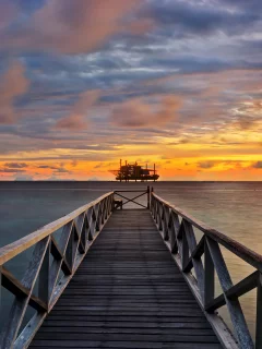 закат, платформа, облака, море, пирс, тучи
