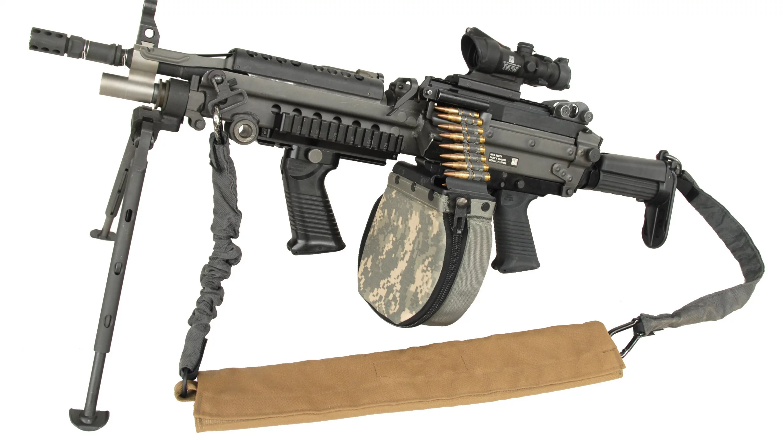 circular charger, m249, sling, weapon, machine gun, military, telescopic sights, improved m249