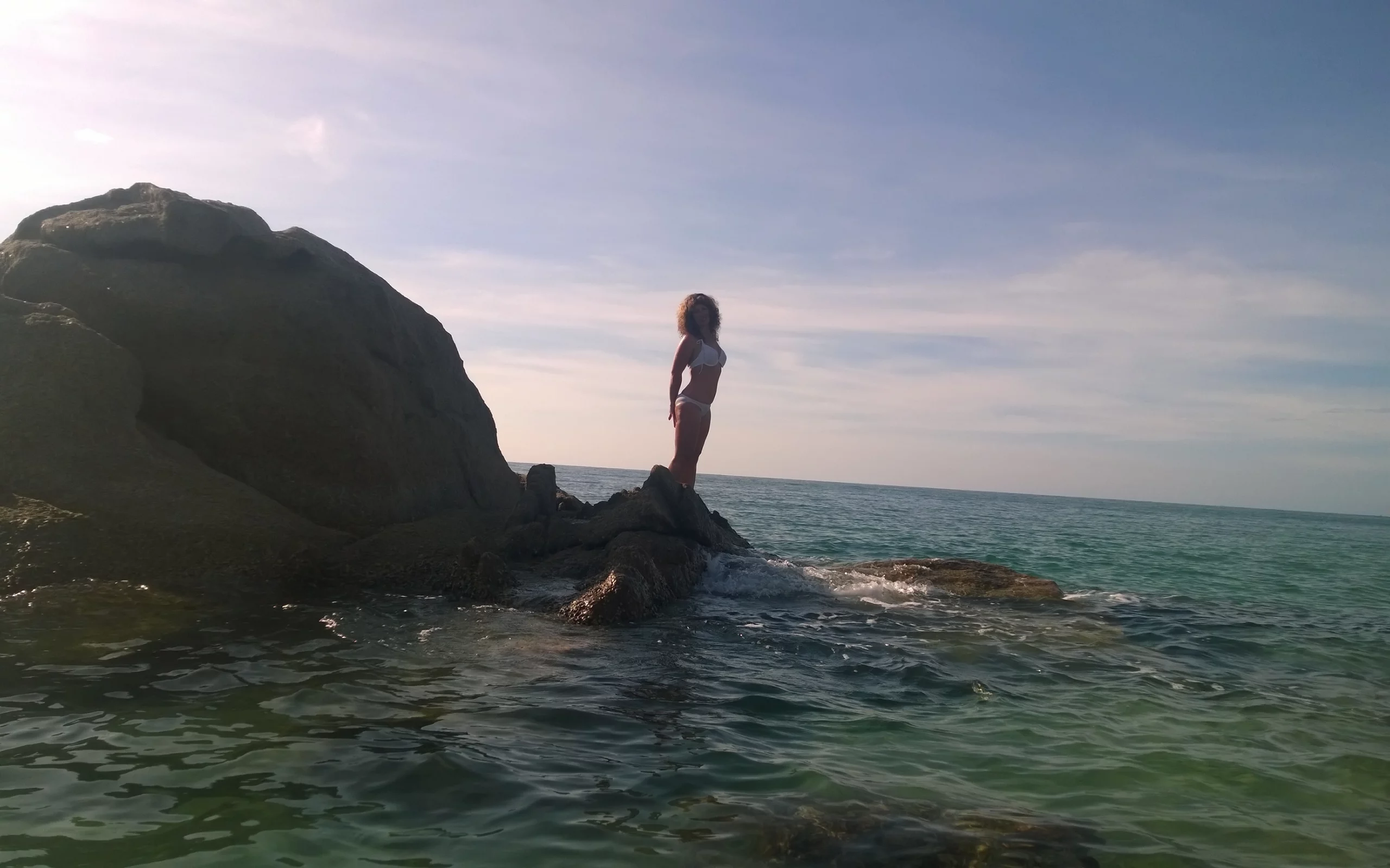 панорама, море, утро, скала, девушка, красиво