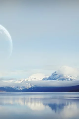 луна, небо, облака, вода, горы