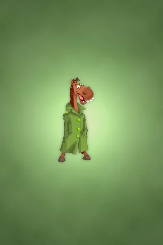 зеленый фон, конь в пальто, улыбка, минимализм