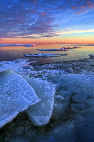 море, рассвет, зима, утро, льдины