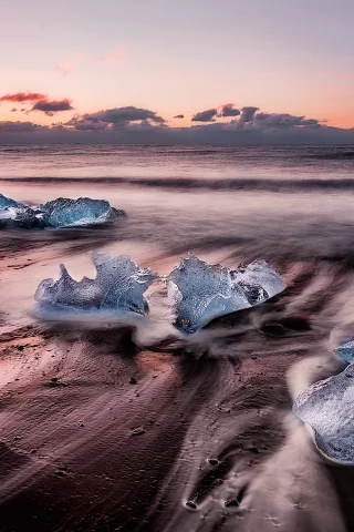 закат, море, льдины, пляж