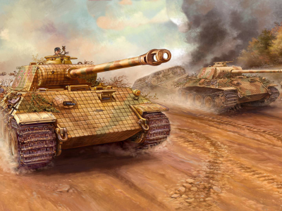 танки, рисунок, немцы, атака, пантеры, арт, flames of war, panther