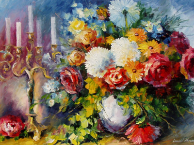 подсвечник, ваза, свечи, букет, leonid afremov, цветы, арт