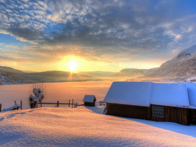 солнце, небо, снег, зима, дом, домик, день, горы, природа