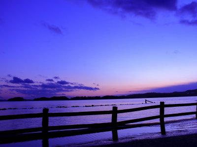 море, япония, ограждение, синее, вечер, забор, закат