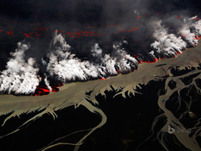 Holuhraun, Vatnajokull National Park, Исландия, вулкан, извержение, пламя, дым, лава