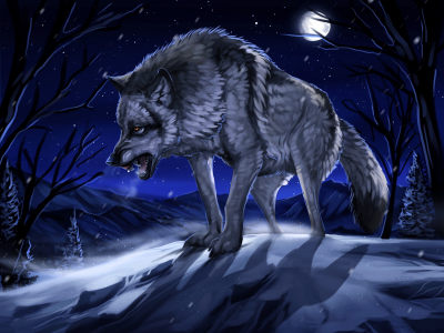 Волк, ночь, луна, оскал, арт.