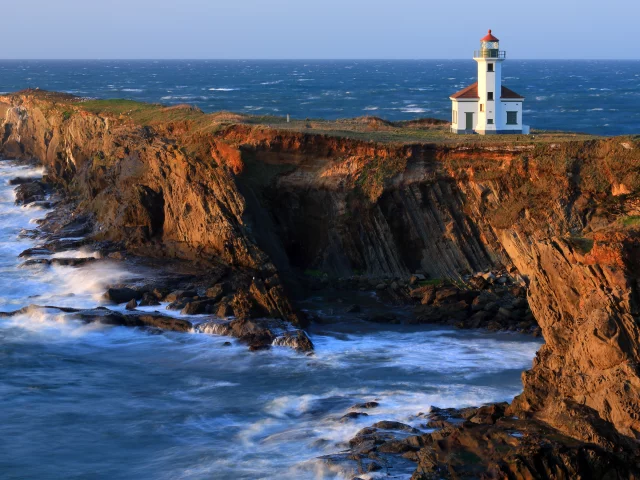 маяк, скалы, cape arago lighthouse, побережье, тихий океан