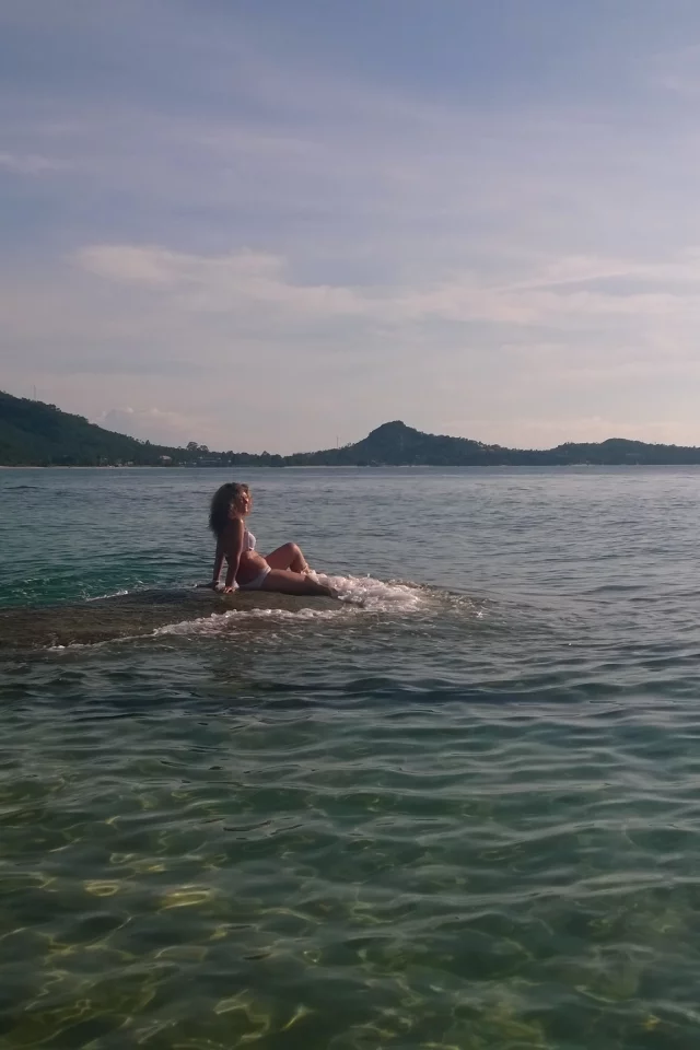 панорама, море, синева, риф, девушка, сидит, красиво