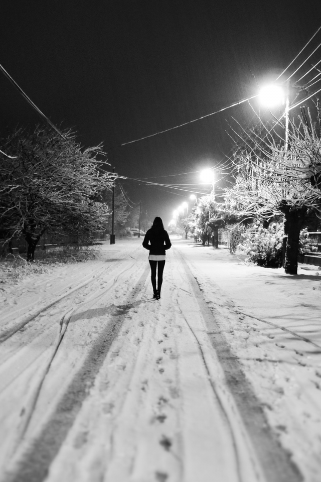 улица, девушка, фонари, деревья, белый, зима, снег