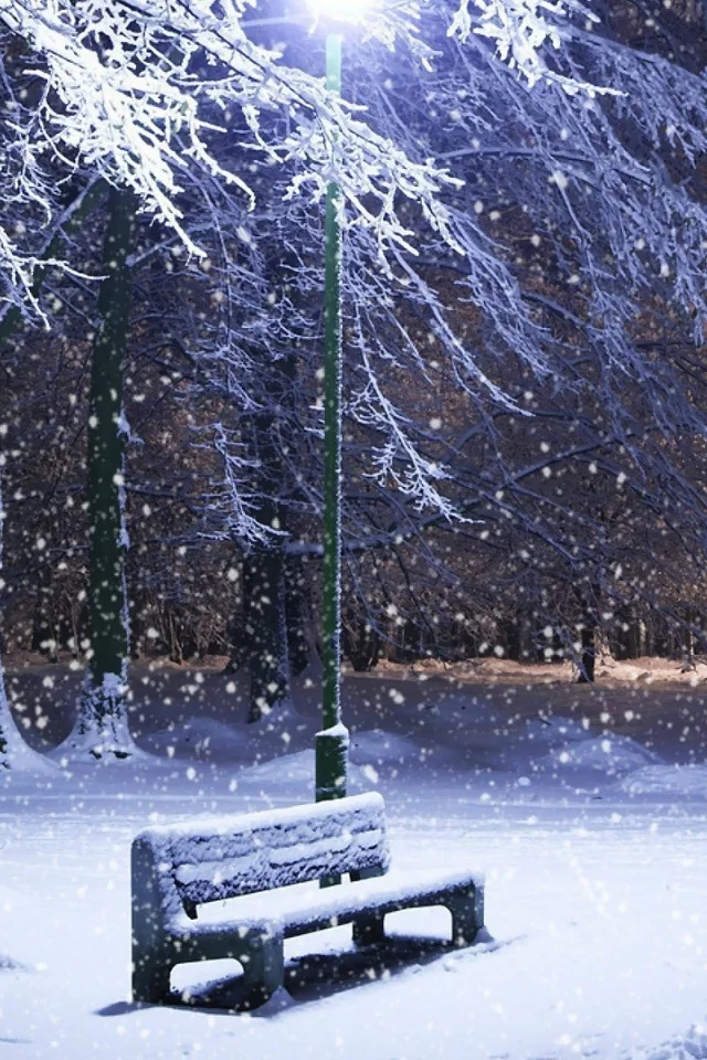 сугробы, зима, идет снег, природа, скамейка