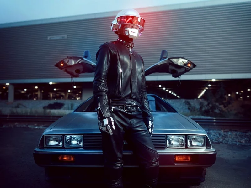 man, light, daft punk, leather, silver, music, black, car, delorean, led