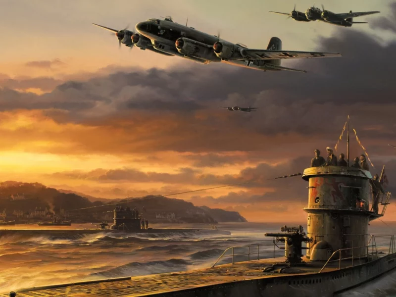 war, airplanes, art, drawing, painting, ww2, junker ju 88, germans bomber, german u-boat