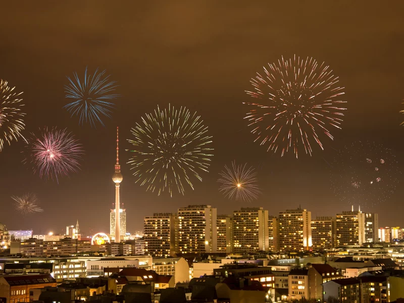 фейерверки, полночь, огни, здания, города