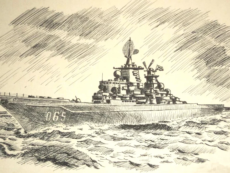 боевой, море, карандаш, корабль, рисунок, волны