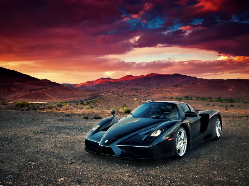 закат, облака, ferrari enzo, supercar, феррари енцо, пустыня
