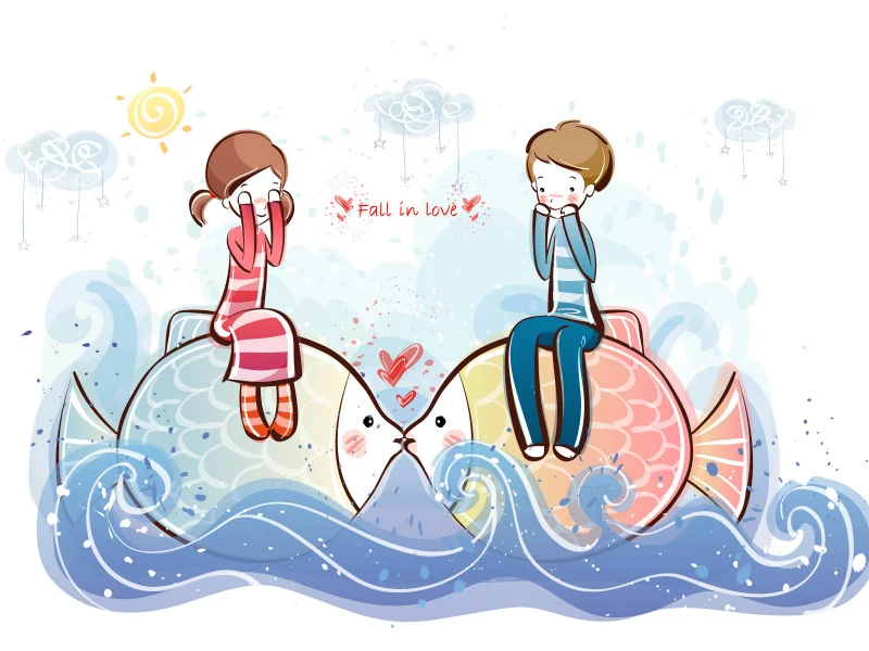 мальчик, рисунок, love, рыбы, волны, девочка, вода