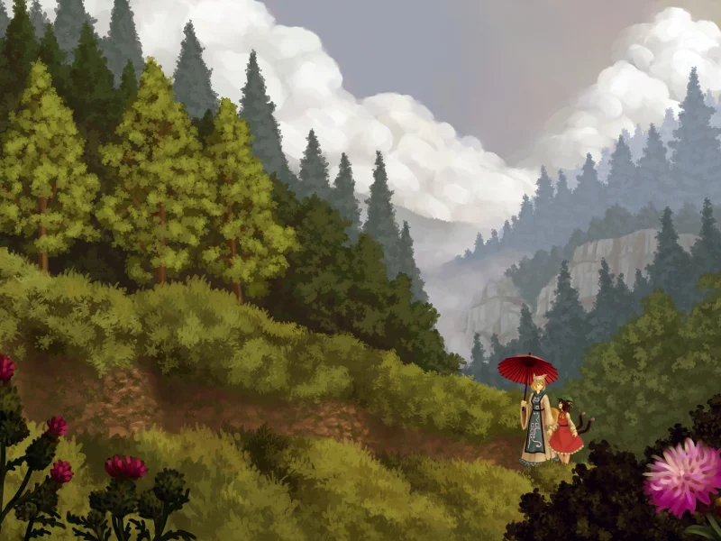 touhou, u-joe, арт, лес, природа, деревья, небо, облака, девушки