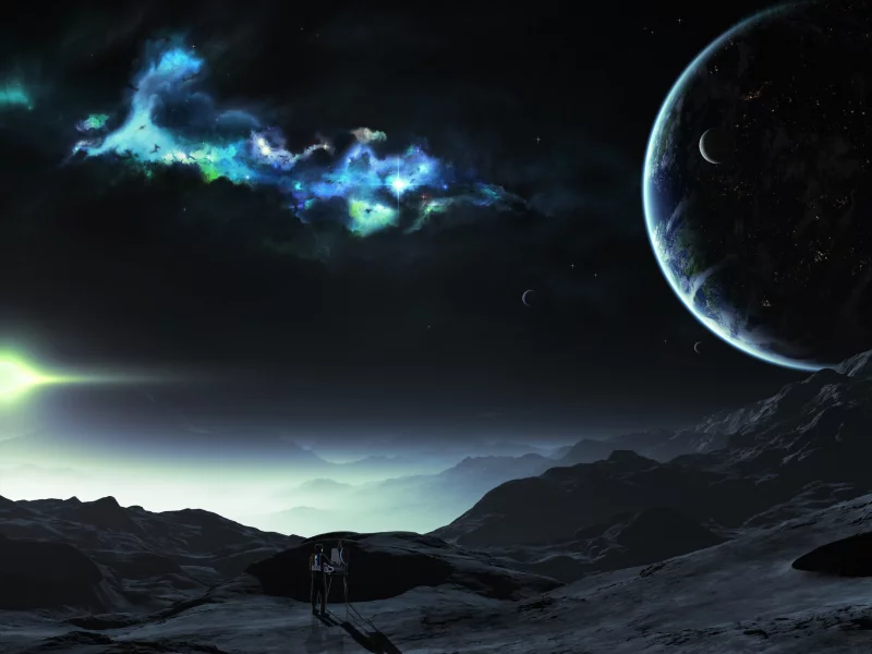 colorful lights, painting, landscape, planet, person, sci fi, spacesuit