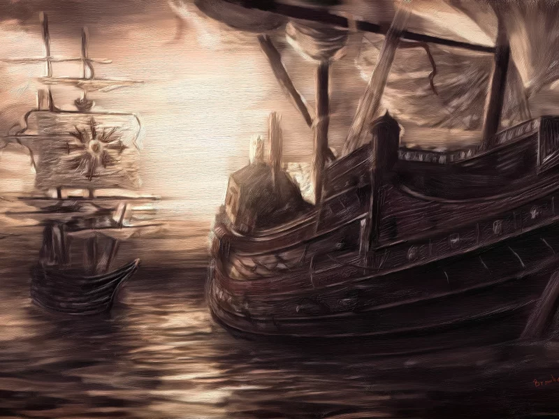 паруса, корабли, живопись, море, вода, небо