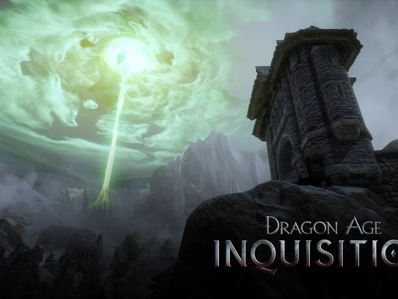 dragon age inquisition, луч, небо, тучи, магия, скалы, горы, замок