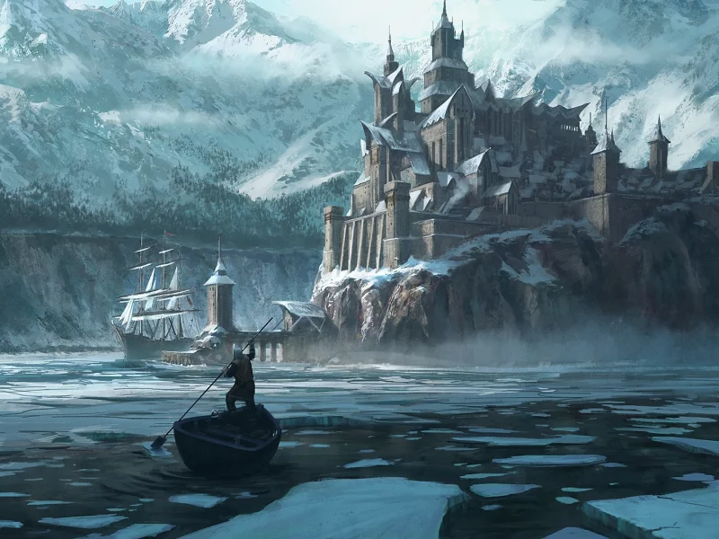 город, море, берег, лодка, человек, горы, корабль, лед, зима