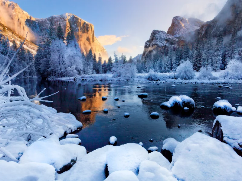 yosemite national park, туман, зима, пейзажи, лёд, горы, снег, река