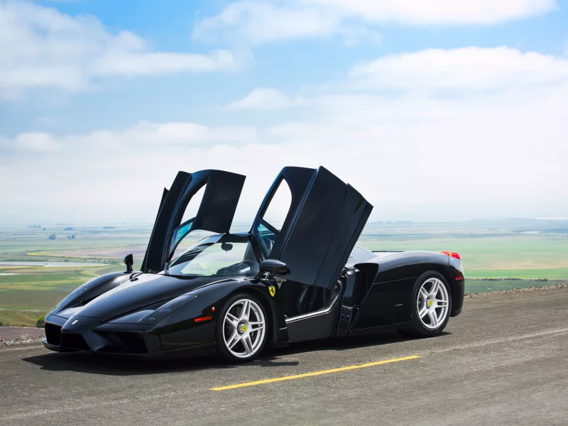 ferrari, небо, облака, двери, enzo, весна, чёрная, дорога