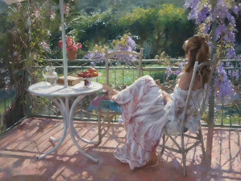 девушка, картина, vicente romero redondo, отдых, сад, веранда