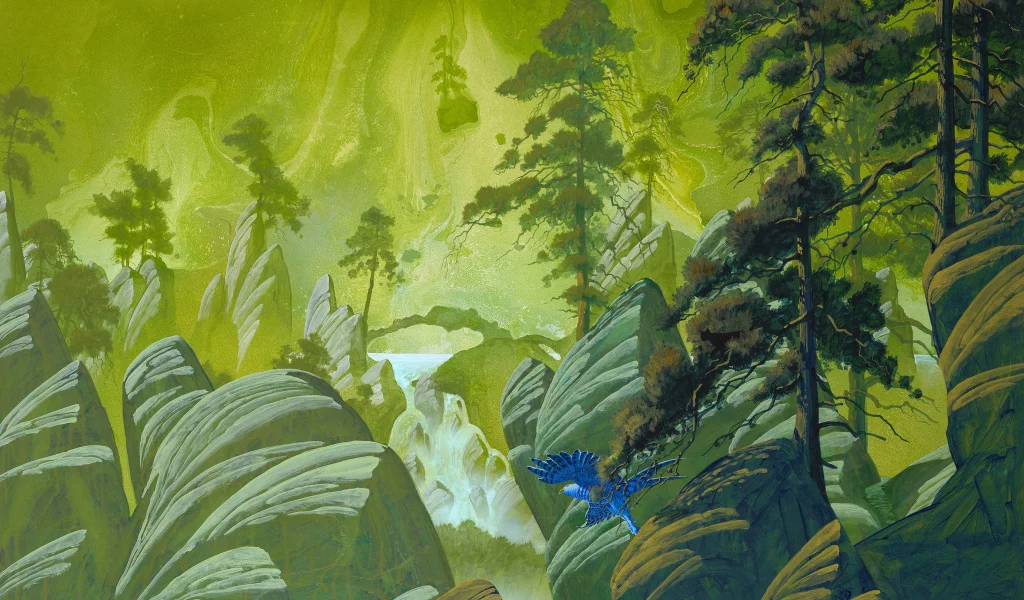 roger dean, арт, скалы, птица, фантастика, сосны, деревья