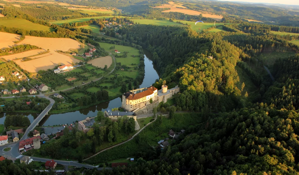 чехия, лес, природа, czech, река, дома, republic, горы, замок