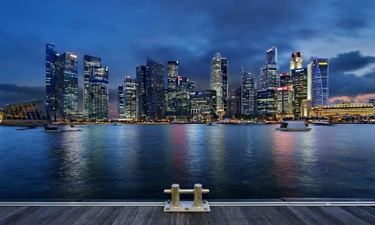 clouds, architecture, singapore, lights, gardens by the bay, night, skyscrapers, blue sky