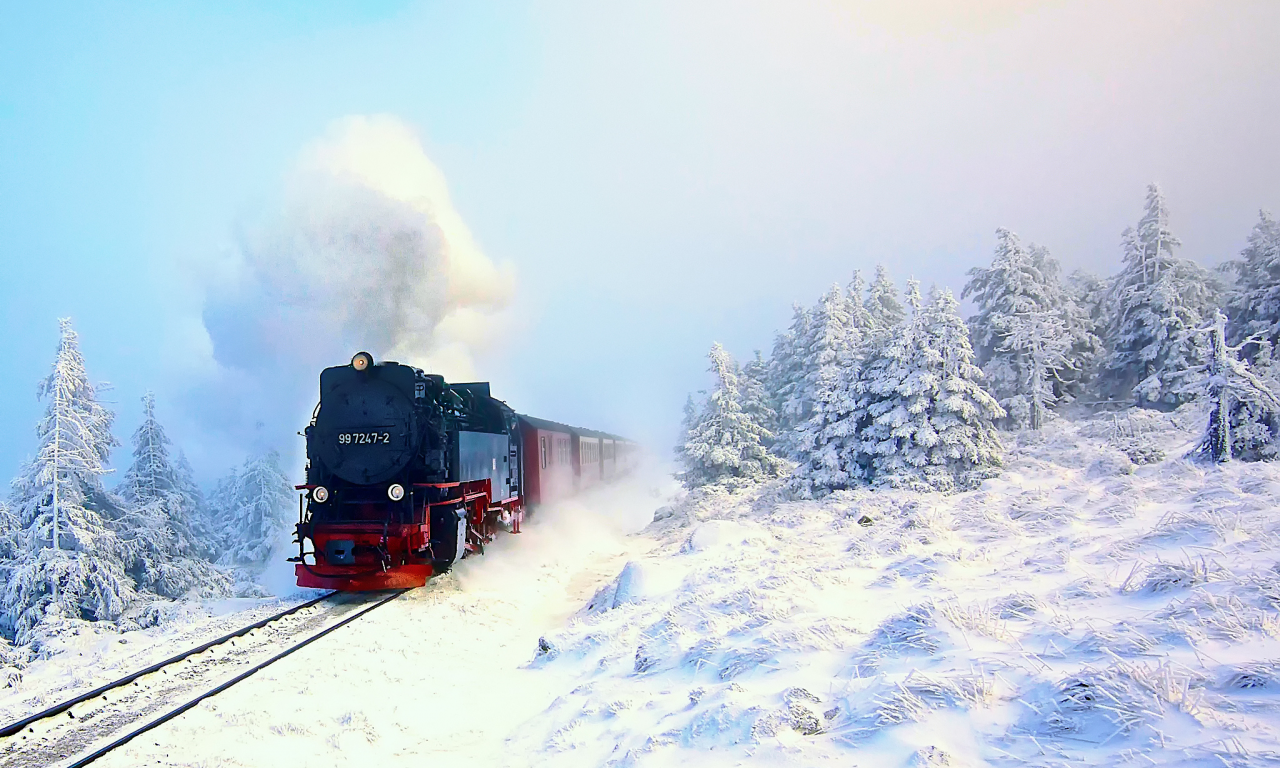 паровоз, поезд, зима, лес, снег