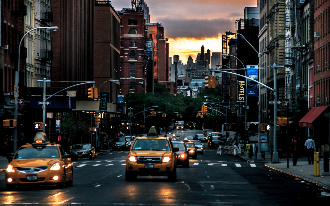 такси, улица, нью-йорк, рассвет