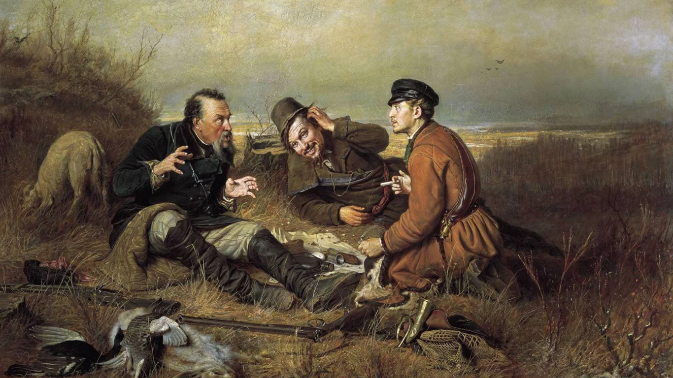 Картина, холст, масло, В.Г.Перов, охотники на привале.