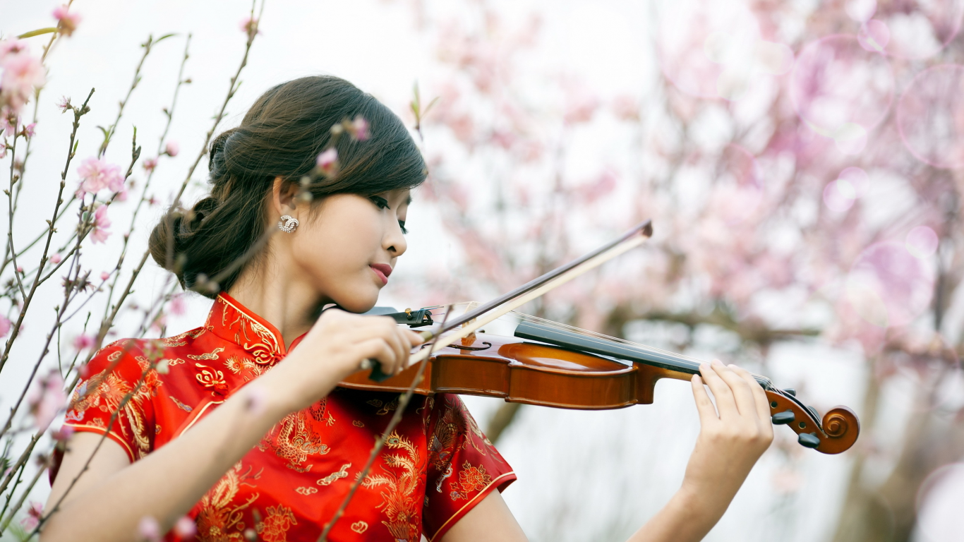 девушка, музыка, скрипка, азиатка
