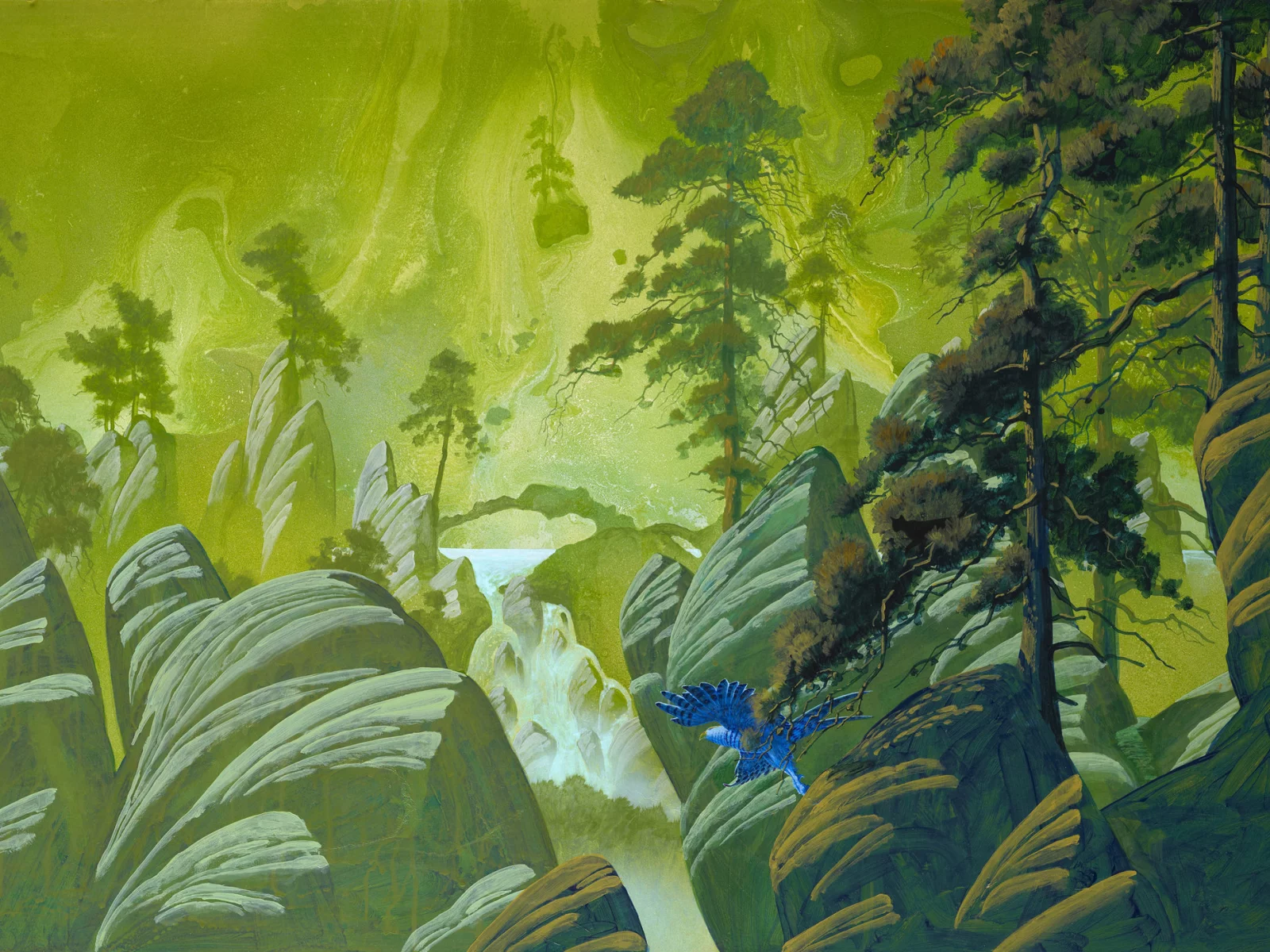 roger dean, арт, скалы, птица, фантастика, сосны, деревья