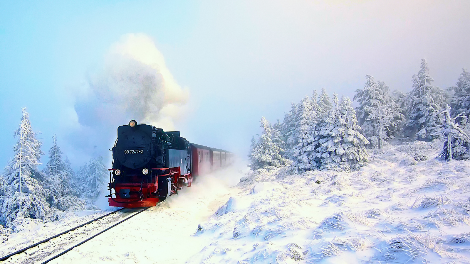 паровоз, поезд, зима, лес, снег