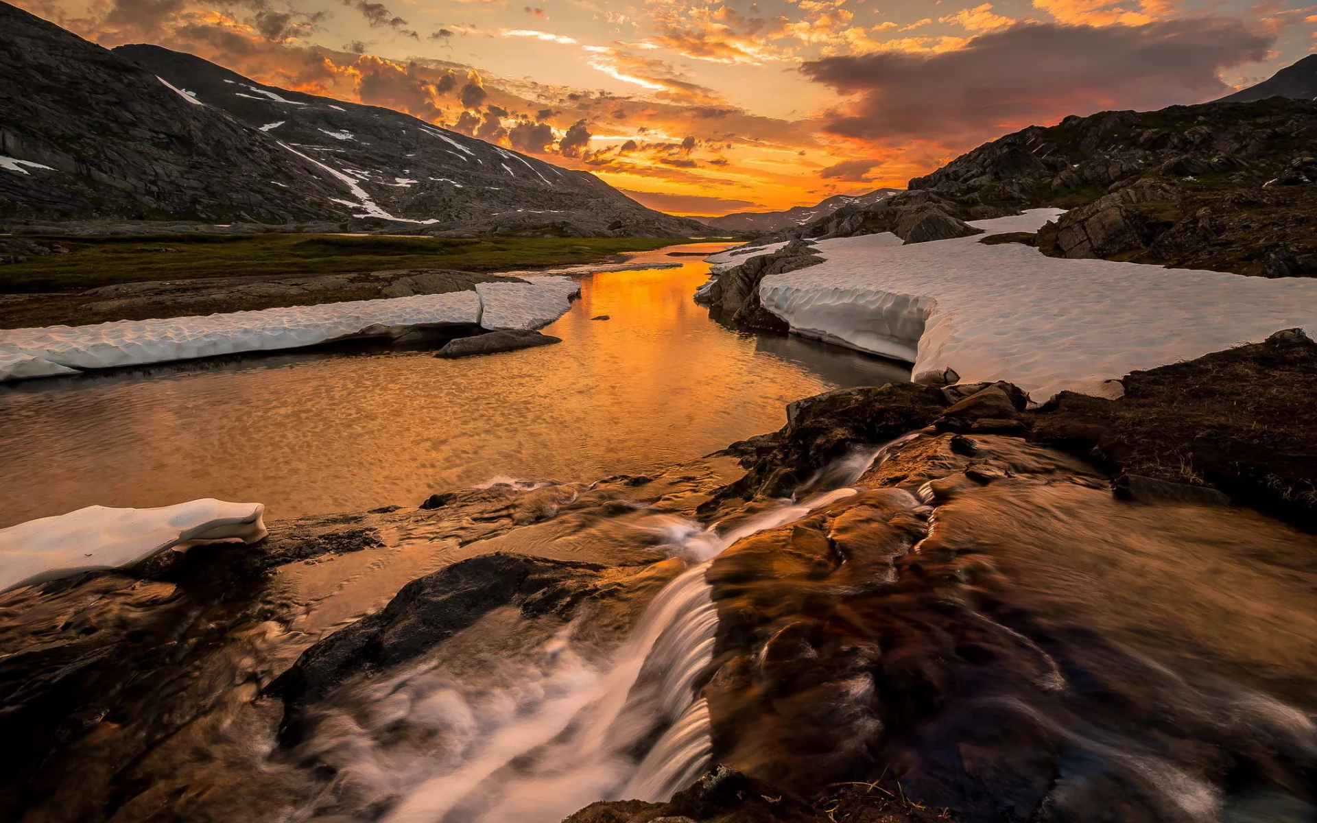 закат, река