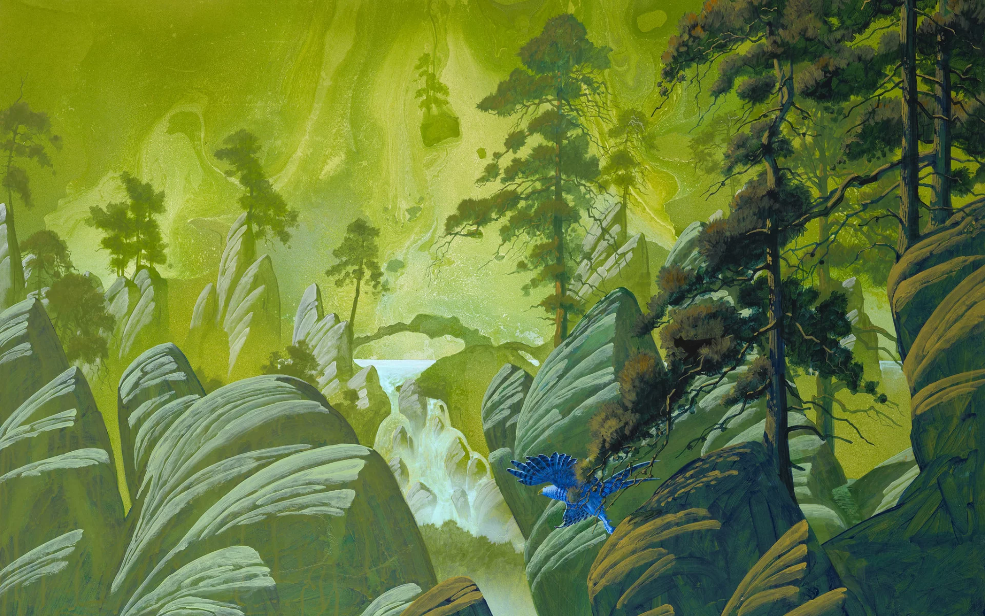 roger dean, арт, скалы, птица, фантастика, сосны, деревья