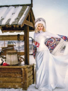 Зима, снег, кот, девушка.