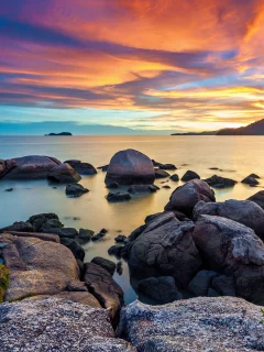 море, утро, рассвет, камни, небо