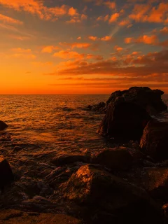 берег, облака, камни, море, закат, скалы